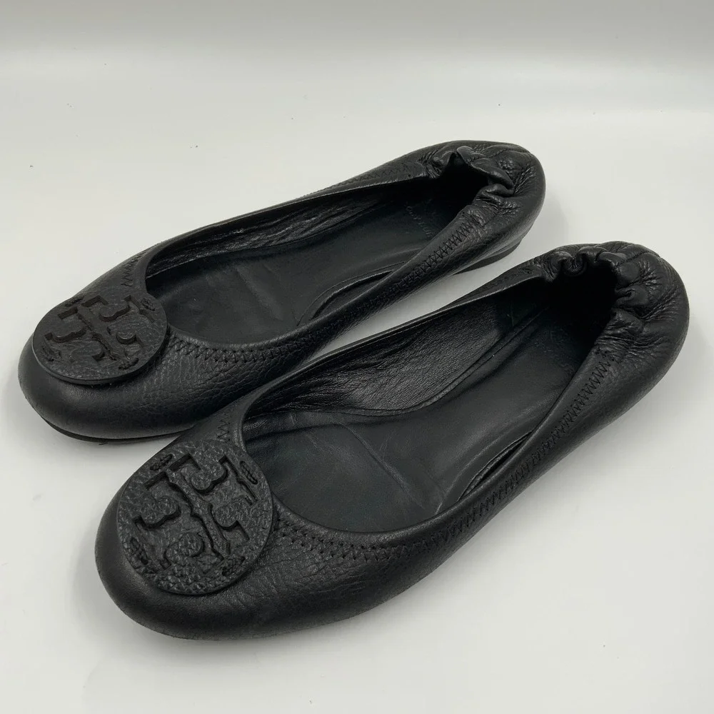 Tory Burch Minnie Travel Ballet Flats Black Leather Logo Medallion Size 8.5